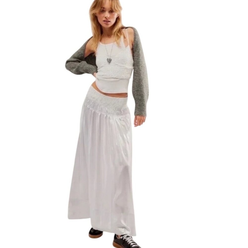 Free People Helin Skirt Set Shimmering Smocked Piped-Edge Detail Crop Tank Silky